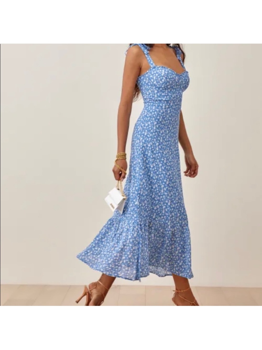 Reformation Blue and White Floral Tie-Shoulder Maxi Dress